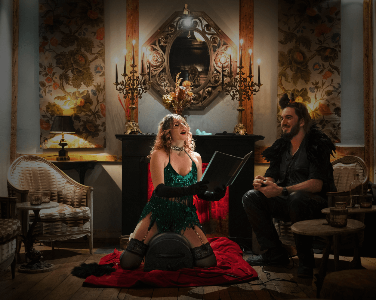 Hysterical Poetry interactive performance - participant reading poetry on vibrating saddle